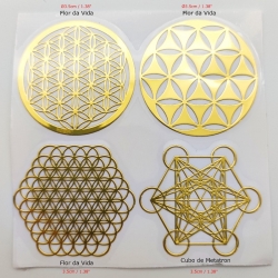 4 Adesivos metálicos Dourados vários (4un) Geometria Sagrada, 3 Flores da Vida e 1 Metatron